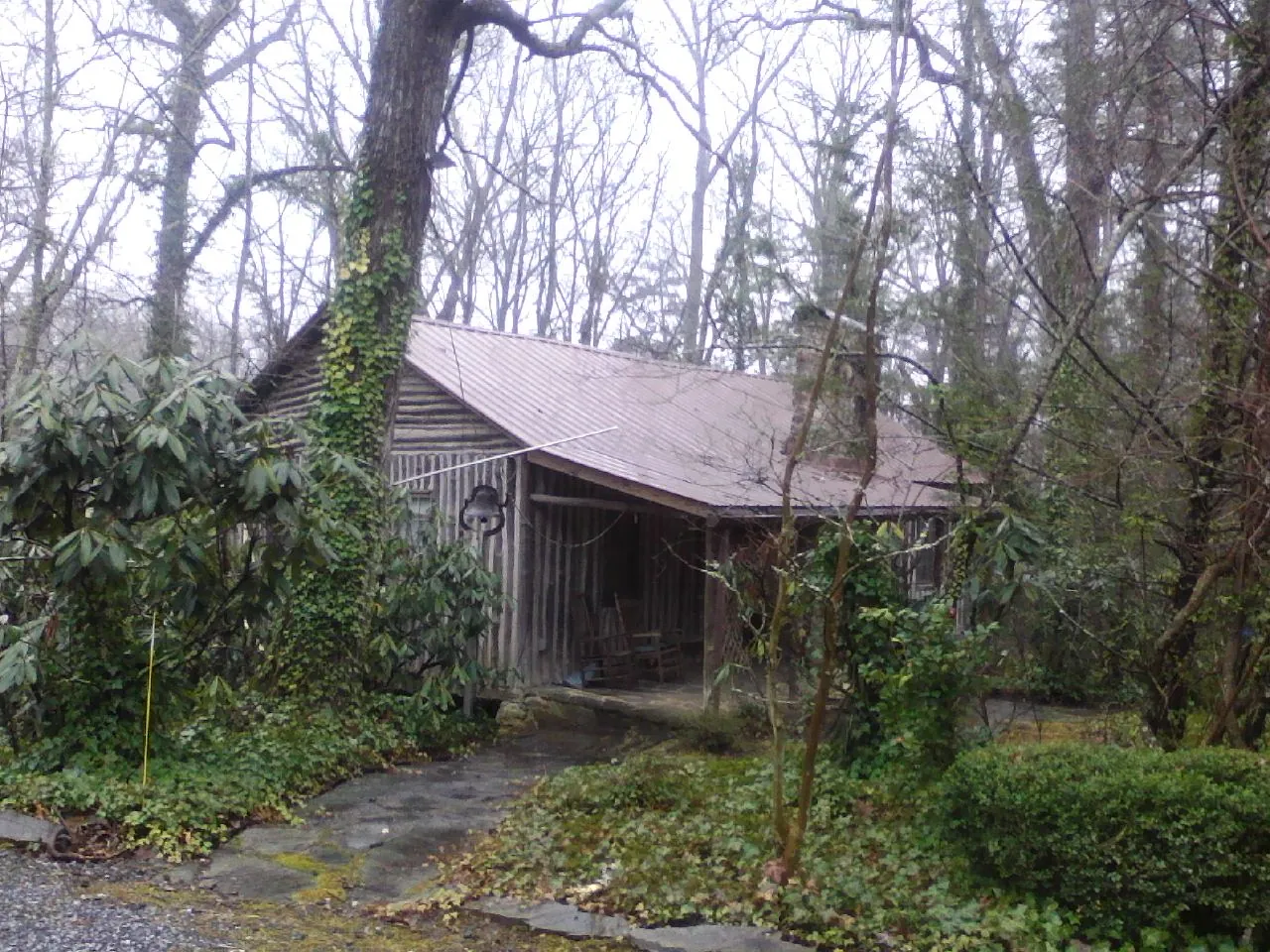 Weathered metal roof on an old board sided cabin in the woods in Cartersville